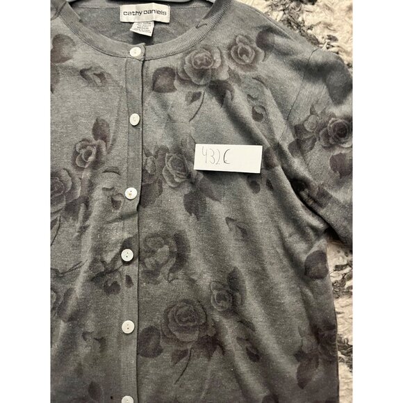 Cathy Daniels Womens Medium Gray Rose Print Button Up Cardigan - Picture 4 of 7